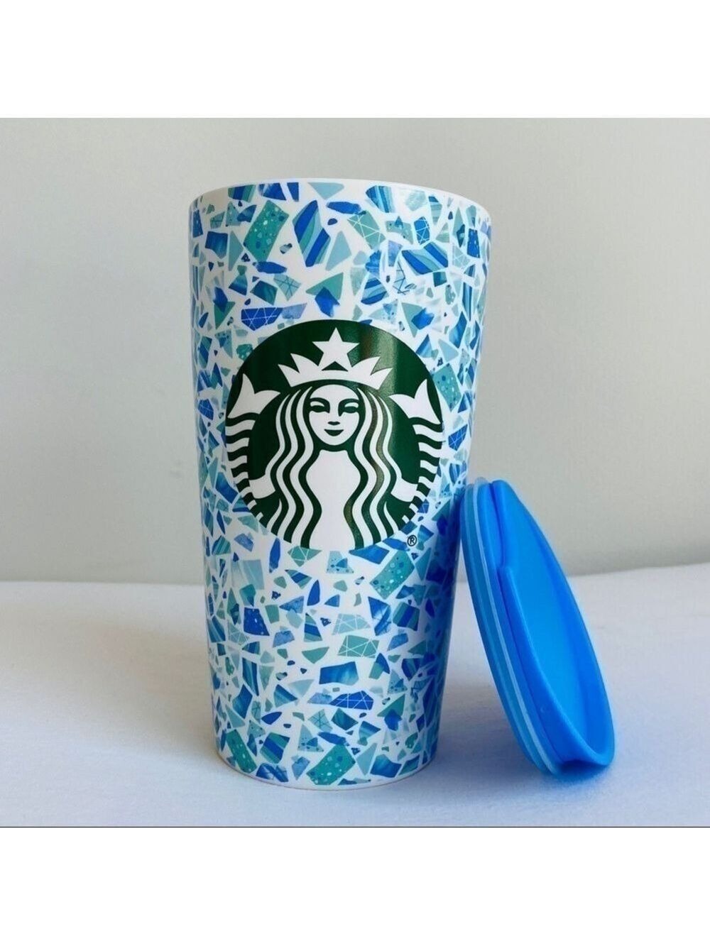 NEW RARE Starbucks Mosaic Blue/Green Ceramic Travel Mug